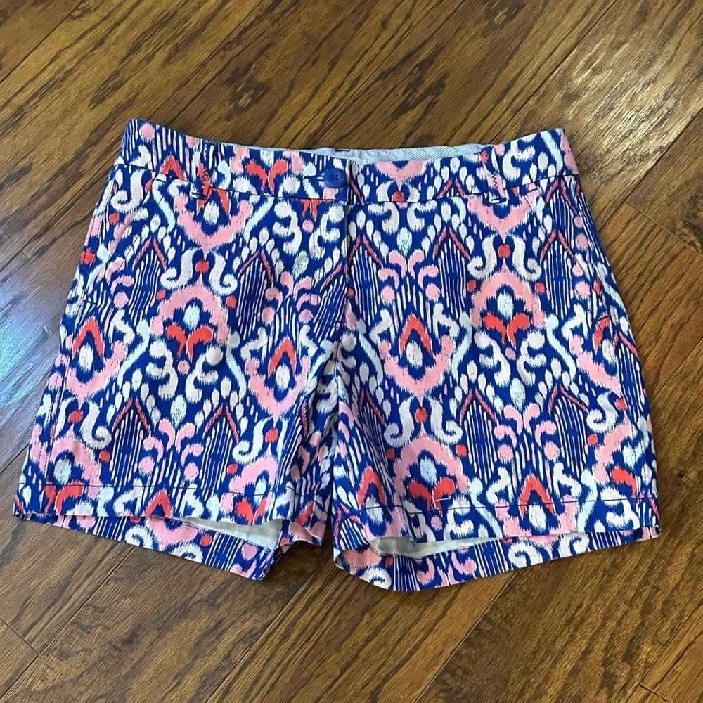 Crown & Ivy Blue and Pink Bermuda Shorts Vibrant Pattern